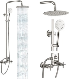 gotonovo SUS304  Shower Fixture System Combo Faucet Set Double Cross Handle High Pressure Hand Spray Wall Mount 2 Dual Function Rainfall Shower Fixture