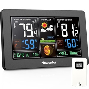 lot 3728 image: Weather Station Wireless Indoor Outdoor Thermometer, Color Display Digital Weather Thermometer with Atomic Clock, Barometric Pressure, Forecast Station with Adjustable Backlight, Black