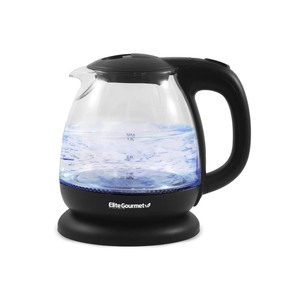 lot 3729 image: Elite Gourmet EKT1001 Electric 1.0L BPA-Free 1100W Glass Kettle Cordless 360° Base, Stylish Blue LED Interior, Handy Auto Shut-Off Function  Quickly Boil Wate, Black