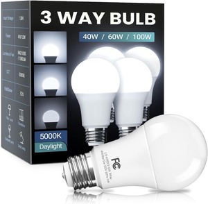 lot 3734 image: 3 Way Light Bulbs 40 60 100 Equivalent Daylight White 5000K, Dimmable A19 Three Way Light Bulbs E26 Medium Base, 4812W Energy Saving UL Listed for Floor Lamp, Desk Lamp and Table Lamp, 4 Pack