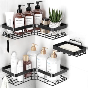lot 3737 image: Corner Shower Caddy - 3-Pack Shower Organizer with Soap Holder & Built-In Hooks, Rustproof Metal Shower Shelves, Laundry, Kitchen, Bathroom Organizers and Storage Solution, Large, Black
