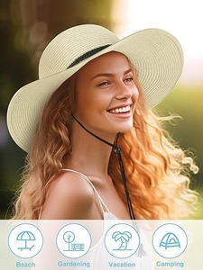 lot 2951 image: Wide Brim Straw Sun Hat for Women - UPF 50, Adjustable Wind Lanyard, Detachable Chin Strap, with an Adjustable Internal Drawstring for a Customizable Fit
