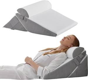 lot 2958 image: Adjustable Wedge Pillow Headboard, 3 PCS Orthopedic Bed Wedge Pillow Set for After Surgery, Acid Reflux, Back Pain Relief, and Much More (White & Grey Design)
