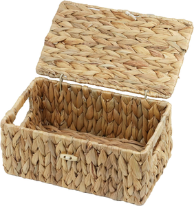 lot 2966 image: Small Rectangular, Wicker Basket with Lid and Built-In Handles, Natural Water Hyacinth Storage Basket for Organizing (10.2 x 6.3 x 3.9)