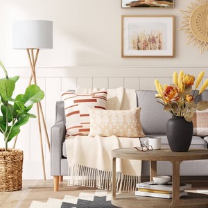 lot 2425 image: 59x18.5 Modern Tripod Floor Lamp Natural - Threshold Linen Shade, Metal Body, ETL Listed, 3-Way Switch