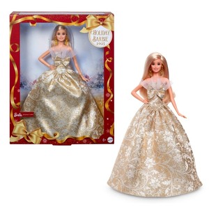 lot 2413 image: Barbie Signature 2025 Holiday Barbie Fashion Doll, Seasonal Collector, Blonde with Silver & Gold Gown