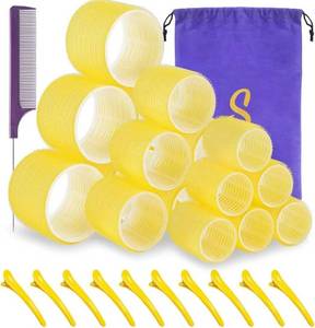lot 10944 image: Self-Grip Hair Roller Set  Large Yellow Curlers with Clips, Comb & Storage Bag  Volumizing Heatless Hair Styling Rollers