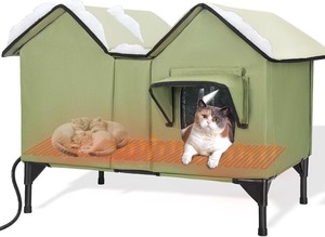 lot 3753 image: Heated Cat House for OutsideExtra Large Outdoor Cat House Weatherproof with Heating Pad, Escape Door & Elevated Base, Warm and Insulated Cat Houses for Outdoor Cats in Winter(Green)