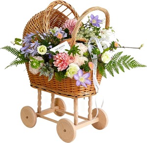 lot 3776 image:  Retail $179.99 Woven Rattan Stroller Shaped Flower Basket, Vintage Wicker Baby Carriage Planter for Floral Arrangements, Baby Shower Wedding Party Decor, Photography Props, Floral Rustic Home Decor (Large B)