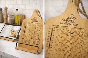 lot 11008 image: Adjustable Wooden Cookbook Stand with Conversion Chart  Kitchen Recipe Holder Display  Hanging or Freestanding Design