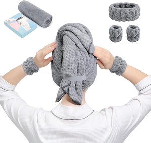lot 11023 image: 4 Piece Hair Care Set  Microfiber Hair Towel Wrap, Spa Headband & Wrist Towels  Soft, Absorbent, Frizz-Reducing