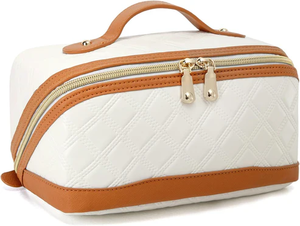 lot 11030 image: Large Capacity Cosmetic Bag  Quilted PU Leather Makeup Organizer with Open-Flat Design & Brush Compartment  Travel Toiletry Bag
