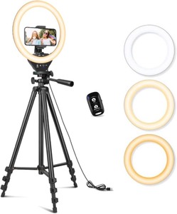 lot 2481 image: 10 Ring Light with 50 Extendable Tripod Stand, LED Circle Lights with Phone Holder for Live StreamMakeupYouTube VideoTikTok, Compatible with All Phones