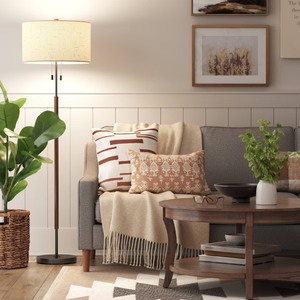 lot 2483 image: 60.5x18 Cut Off Base Floor Lamp BlackBrown MetalWood - Threshold Modern Standing Light for Living Room, Dual Pull Chain