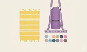 Turkish Beach Towel with Beach Bag, 39" x 74" Pre-Washed Beach Towel, 100% Cotton, Quick Dry, Hand Loomed, Unique Turkish Towel (Yellow Towel, Lavender Carrying Bag)