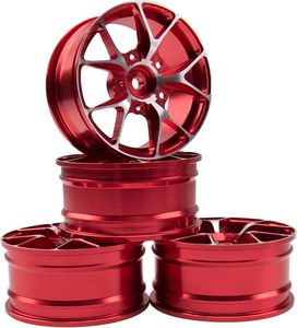 lot 3003 image: 4 Piece Set - Aluminum Alloy 10-Spoke Style Rims for 110 RC Drift, On-Road Racing or Touring Cars Using Plastic or Rubber Tires, 52mm Diameter (RedSilver)