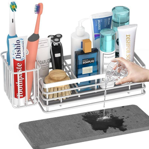 lot 3008 image: Kitchen Sink Caddy Organizer with 3 Separate Storage Sections, a Diatomaceous Earth Absorbent Pad - Dries in 60 Seconds, Stainless Steel Basket (Dimensions 9.5 x 5.5) (White)