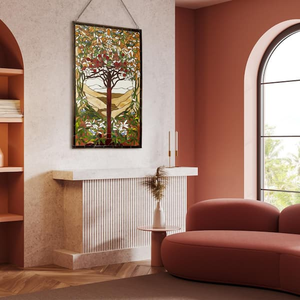 ** $522 RETAIL PRICE ** Large 4ft x 2-1/2ft Tiffany Style Multicolored Stained Glass Window Panel of "Grand Tree of Life" by River of Goods