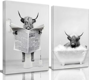 lot 22679 image: Three Funny Highland Cow Canvas Wall Art (16x12in) Not framed