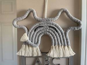 lot 9380 image: Boho Macrame Elephant & Rainbow Wall Hanging - Gray Nursery Decor