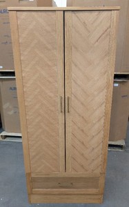 lot 8366 image: Oak Wood Armoire Wardrobe Cabinet with Drawer - 2 Doors, Chevron Panel