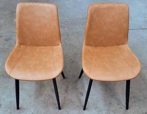 lot 8384 image: Set of 2 Modern Kitchen & Dining Chairs , Brown Faux Leather Cushioned Seats, Metal Legs