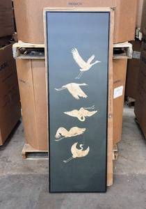 lot 8392 image: Modern Vertical Cranes Canvas Wall Art - Dark Green & Gold