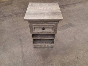 lot 8394 image: Nightstand - Rustic Gray Wood, 1 Drawer, 2 Open Shelves