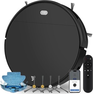 lot 2529 image: Robot Vacuum and Mop Super Thin 2 in 1 Robotic Vacuum Cleaner Up to 4500Pa Suction with Schedule Clean Mute Super Remote ControlAppVoice utomatic Recharge Ideal for Pet Hair Vacuums All Floors-Black