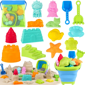 lot 3023 image: Sand Castle Building Kit with Collapsible Beach Bucket & Mesh Carrying Bag for Toddlers