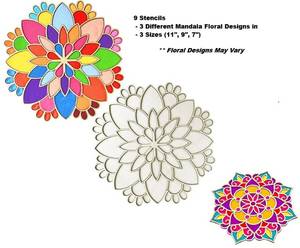 lot 3026 image: 9 Reusable, Wooden DIY Mandala Stencils in 3 Floral Designs and 3 Sizes (7, 9, 11)