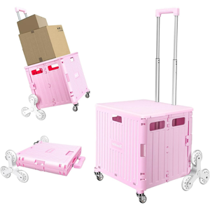 Foldable, Collapsible Rolling Plastic Cart with Lid, Stair Climbing Wheels, Telescoping Handle (Pink) (Holds up to 150 Pounds)