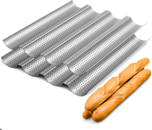 lot 3039 image: 2 Pack Nonstick Perforated Baguette Pan 15 x 13 for French Bread Baking, 4 Wave Loaves (Silver)