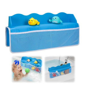 lot 3041 image: Spacious Silicone Bathtub Splash Guard with Mesh Pockets - Blue