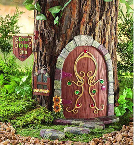 lot 3060 image: 6-Piece Set - FairyGnome Yard DecorationsGarden Accessories - Fairy Door & Window, 3 pieces of Cobblestone Walkway and Dew Drop Inn Establishment Flag