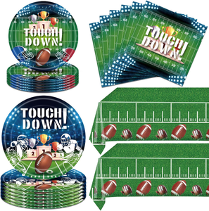 lot 3067 image: 62pcs Football Party Decorations Set, Designed for 20 Guests Featuring Plates, Napkins, and Tablecloths, Great for Super Sunday, Tailgate Parties, Birthdays and More..