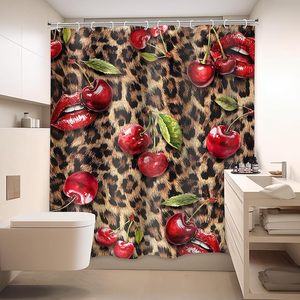 lot 22711 image: Leopard Print & Red Lips Shower Curtain - Vintage Retro Bathroom Decor