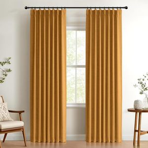 lot 9396 image: Pinch Pleated Faux Linen Blackout Curtains  96 L, Mustard Yellow (2-Panel Set)
