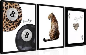 lot 9398 image: Framed Trendy Leopard & Lucky 8 Wall Art Set  3 Piece Funky Preppy Decor (12x16)
