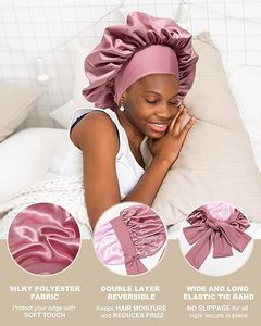 lot 9428 image: Reversible Satin Sleep Bonnet  Double-Layer Silk Bonnet with Tie Band (Bean Paste Pink)