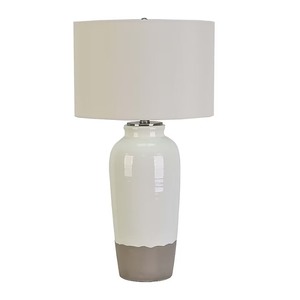 lot 3888 image: allen  roth 28-in White Glaze LED 3-way Table Lamp with Linen Shade