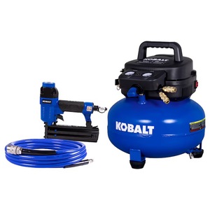 lot 3889 image: Retail $299.99 Kobalt 6-Gallon Portable Electric 150 PSI Pancake  Air Compressor with Nail Gun a  Included