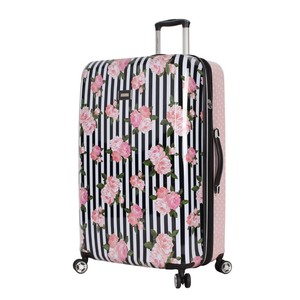 ** Retail $154.99** Betsey Johnson Expandable Hardside Large Checked Spinner Suitcase - Stripe Roses