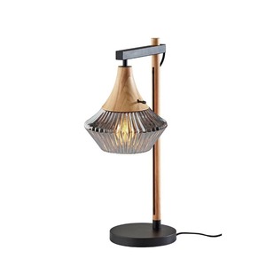 lot 2574 image: Elsie Natural Wood Table Lamp Black - Adesso Ribbed Smoked Glass, ETL Listed, No Assembly Required