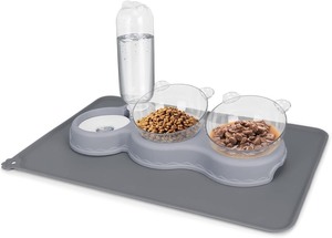 lot 2580 image: Triple Cat Bowls for Food and Water, YECERCAN Plastic Raised Cat Bowls with Automatic Water Bottle