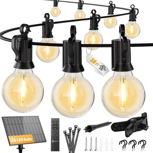 lot 2585 image: Brightown 58FT Solar String Lights Outdoor with Remote and 26 LED Shatterproof Bulbs, Dimmable & Timable, 3 Light Modes, Solar Patio String Lights Outdoor for Cafe, Garden, Deck