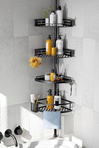 lot 3930 image: Corner Shower Caddy Tension Pole Quick Installation 4-Tier Rustproof Bathroom Organizer Shelves for Bathtub Shampoo Storage - 47-121 inch Adjustable Floor Standing Bath Rack Holder - Black