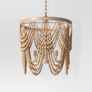 lot 3938 image: retail 199.99 Large Chandelier Wooden Beads Swag Natural Tone - Threshold Dramatic Waterfall Design