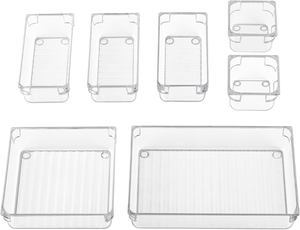 lot 3086 image: 7 PCS Clear Drawer Organizer Set, 4 Sizes Acrylic Drawer Storage Trays, Plastic Desk Drawer Organizer for Office, Storage Bins for Makeup, Vanity, Bedroom, Kitchen Gadgets Utensils