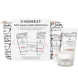 lot 3099 image: The Honest Company New Mama Care Essentials Gift Set, Hospital Bag Must Haves, Travel Size Nip Balm (0.5 oz) Glow On Body Cream (1 Gotta Face Wash (1.75 fl) with Reusable Pouch